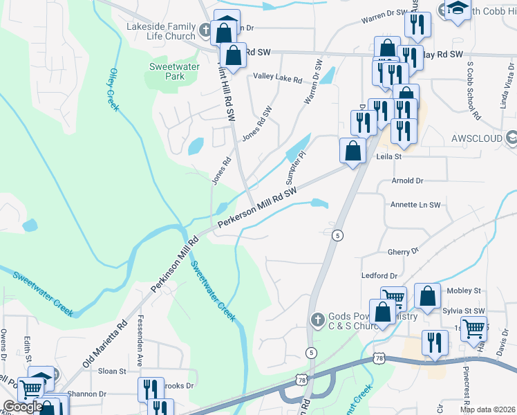 map of restaurants, bars, coffee shops, grocery stores, and more near 2281 Perkerson Mill Road Southwest in Austell