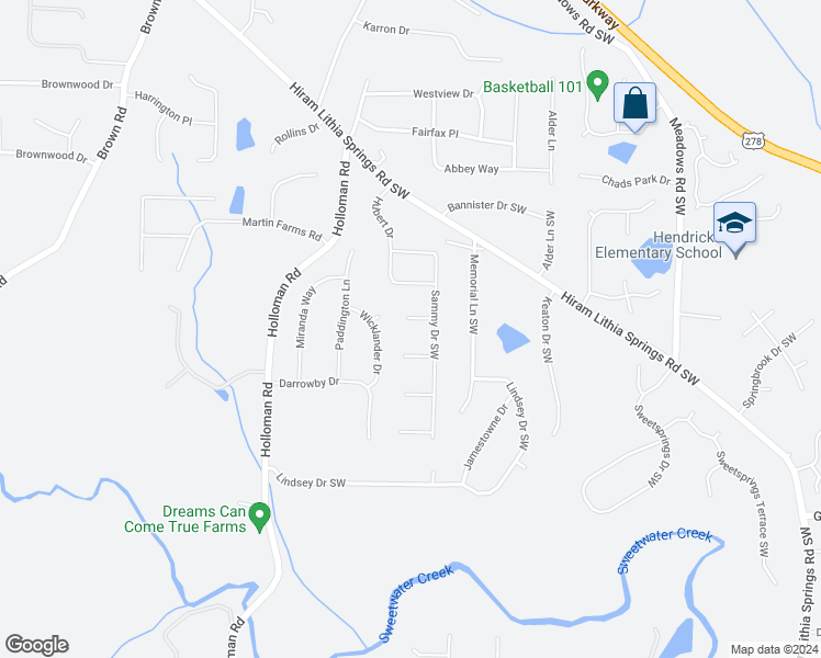 map of restaurants, bars, coffee shops, grocery stores, and more near 4705 Jay Bird Lane in Powder Springs