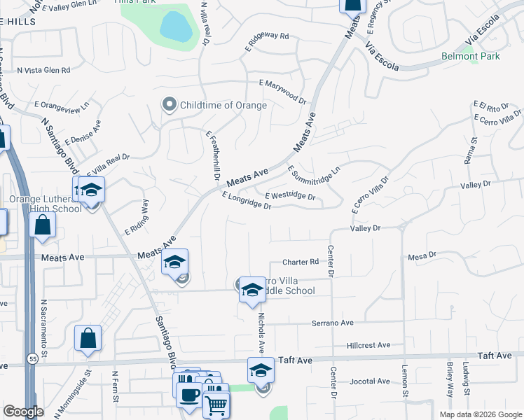 map of restaurants, bars, coffee shops, grocery stores, and more near 3412 East Longridge Drive in Villa Park