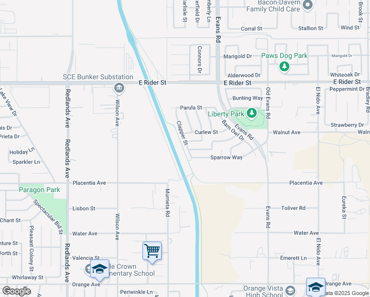 map of restaurants, bars, coffee shops, grocery stores, and more near 2988 Clapper Street in Perris