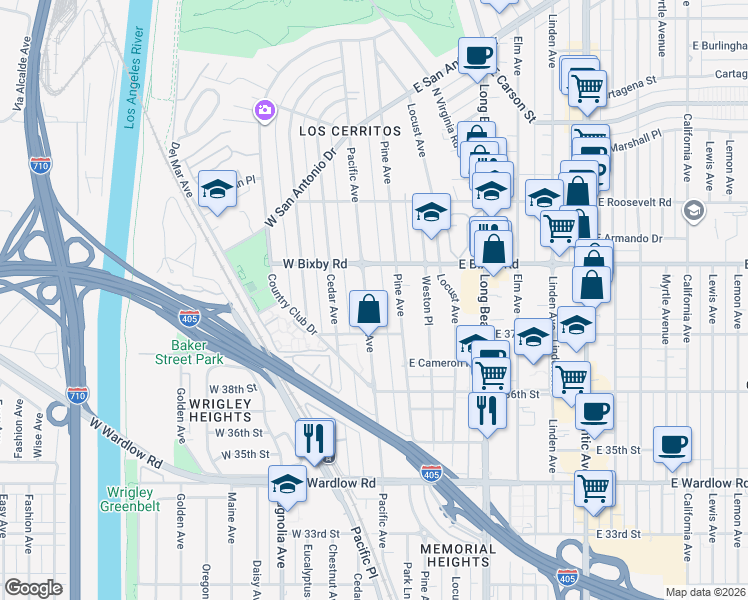 map of restaurants, bars, coffee shops, grocery stores, and more near 2 Pacific Drive in Long Beach