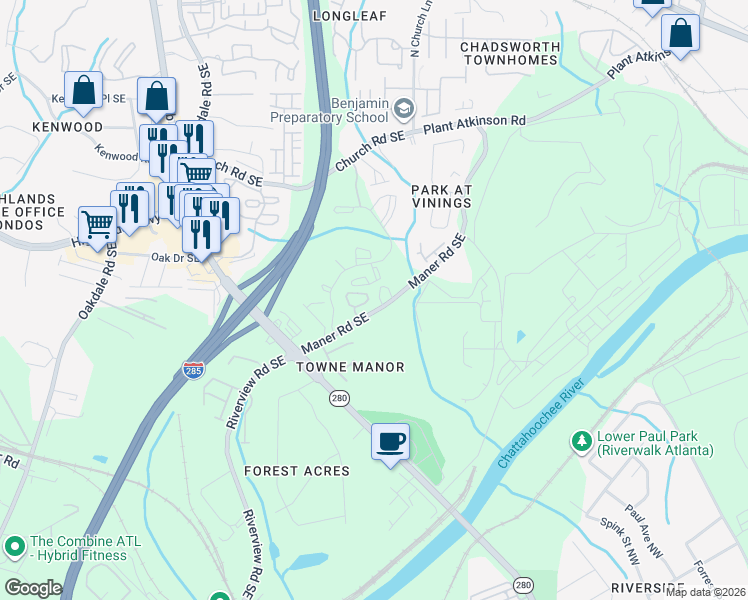 map of restaurants, bars, coffee shops, grocery stores, and more near 2451 Palladian Manor Way Southeast in Atlanta