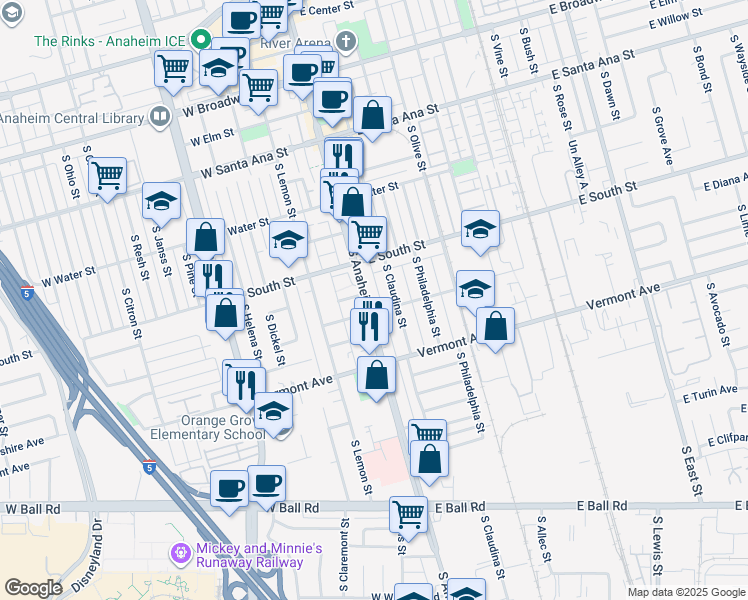 map of restaurants, bars, coffee shops, grocery stores, and more near 840 South Anaheim Boulevard in Anaheim