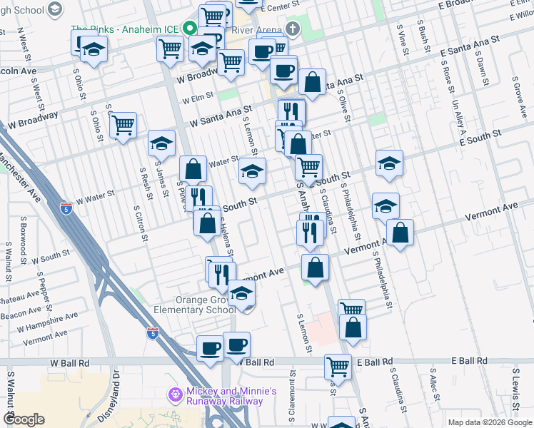 map of restaurants, bars, coffee shops, grocery stores, and more near 821 South Lemon Street in Anaheim
