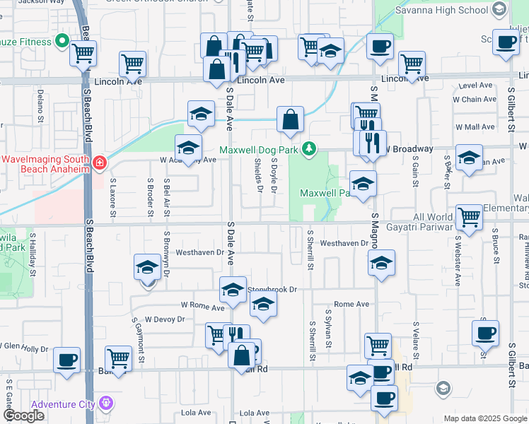 map of restaurants, bars, coffee shops, grocery stores, and more near 2751 Orange Avenue in Anaheim