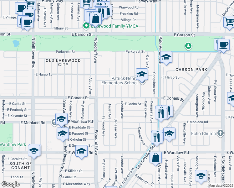 map of restaurants, bars, coffee shops, grocery stores, and more near 3712 Senasac Avenue in Long Beach
