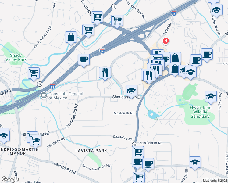 map of restaurants, bars, coffee shops, grocery stores, and more near 1514 Sheridan Road Northeast in Atlanta