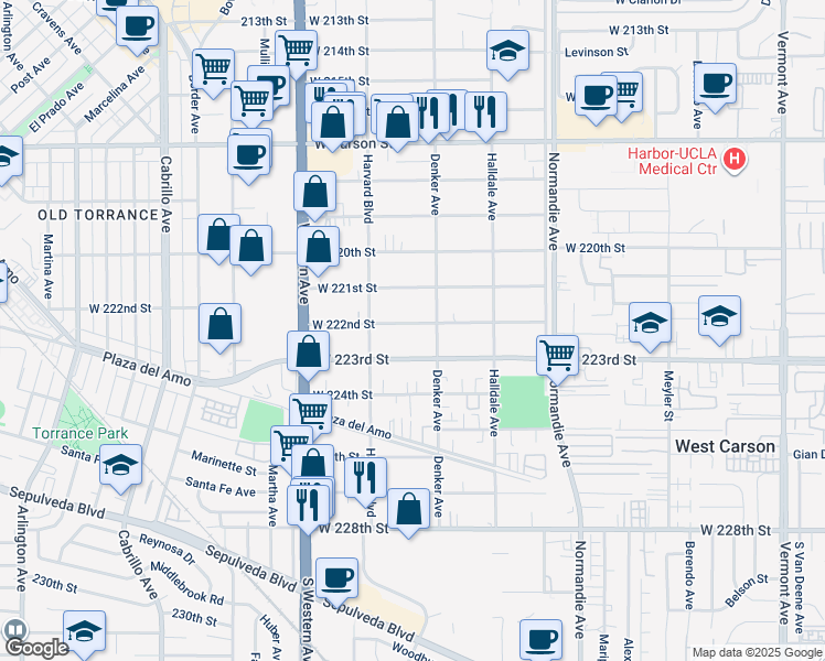 map of restaurants, bars, coffee shops, grocery stores, and more near 1524 West 222nd Street in Torrance