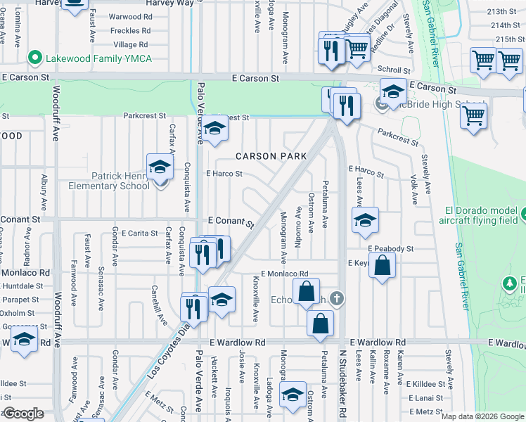 map of restaurants, bars, coffee shops, grocery stores, and more near 6571 East Brittain Street in Long Beach