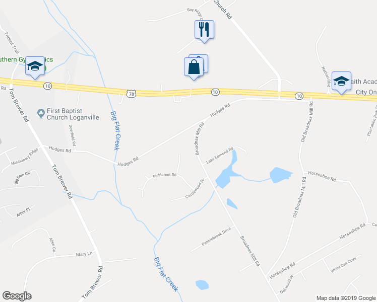 map of restaurants, bars, coffee shops, grocery stores, and more near 2397 Splitwood Drive in Loganville