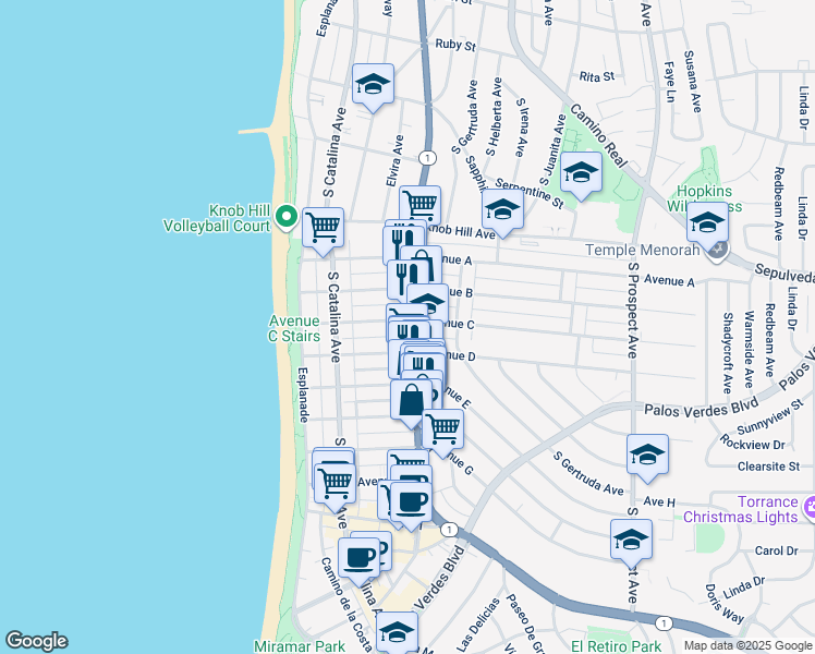 map of restaurants, bars, coffee shops, grocery stores, and more near 234 Avenue C in Redondo Beach