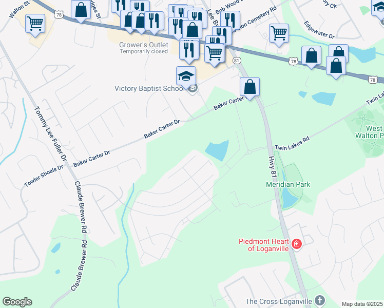 map of restaurants, bars, coffee shops, grocery stores, and more near 403 Sonja Lane in Loganville