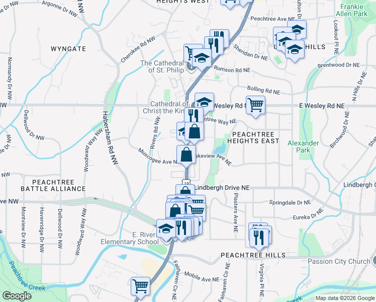 map of restaurants, bars, coffee shops, grocery stores, and more near 2161 Peachtree Road in Atlanta