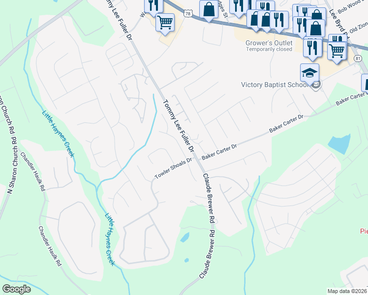map of restaurants, bars, coffee shops, grocery stores, and more near 335 Towler Drive in Loganville
