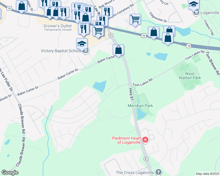 map of restaurants, bars, coffee shops, grocery stores, and more near 201 Loganview Drive in Loganville