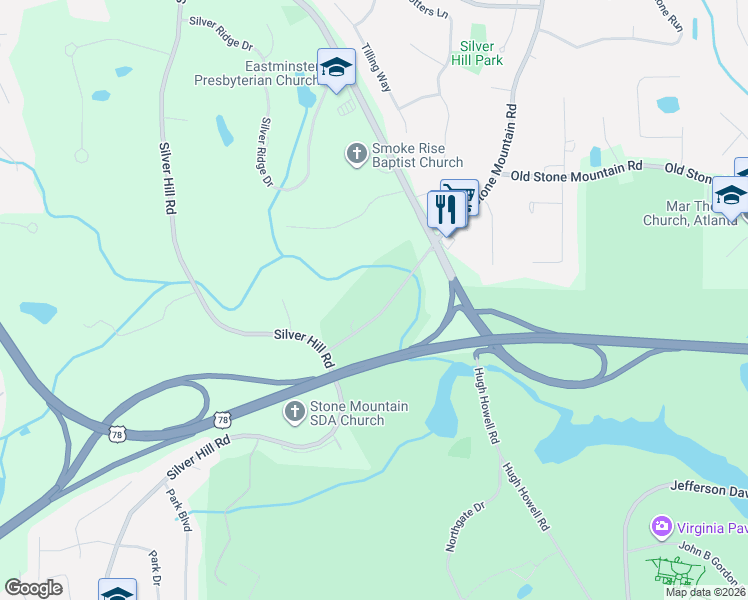 map of restaurants, bars, coffee shops, grocery stores, and more near 1432 Lilburn-Stone Mountain Road in Stone Mountain