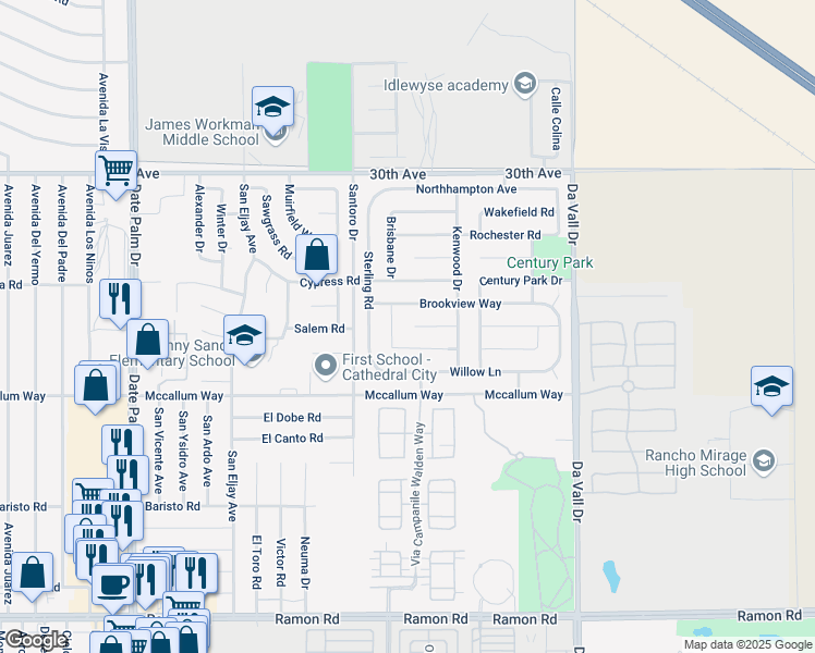 map of restaurants, bars, coffee shops, grocery stores, and more near 30749 Brighton Way in Cathedral City