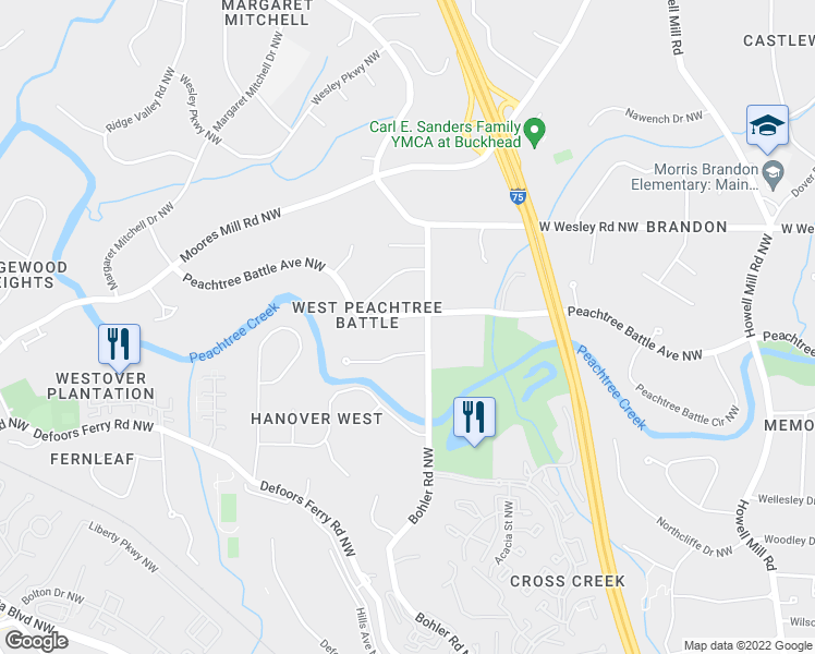 map of restaurants, bars, coffee shops, grocery stores, and more near 1300 Peachtree Battle Avenue Northwest in Atlanta
