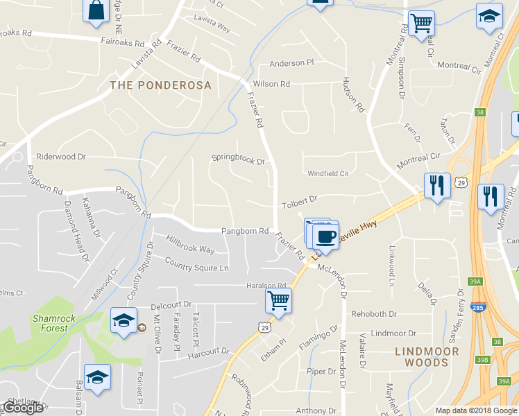 map of restaurants, bars, coffee shops, grocery stores, and more near 3007 Frazier Court in Decatur