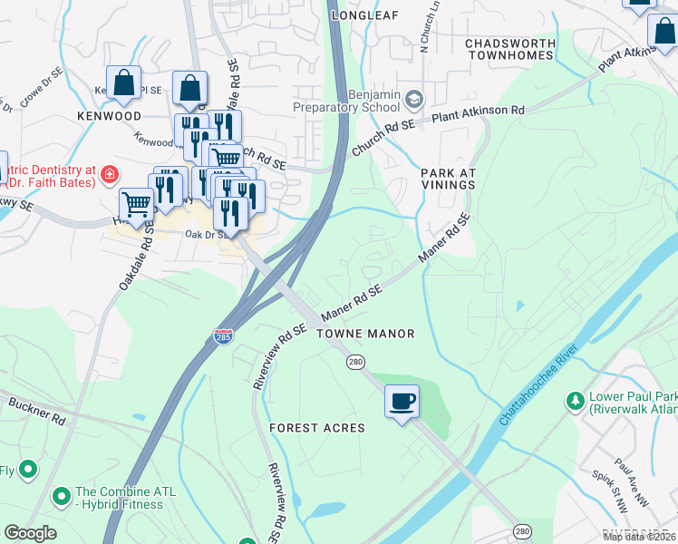 map of restaurants, bars, coffee shops, grocery stores, and more near 2325 Marion Walk Drive Southeast in Atlanta