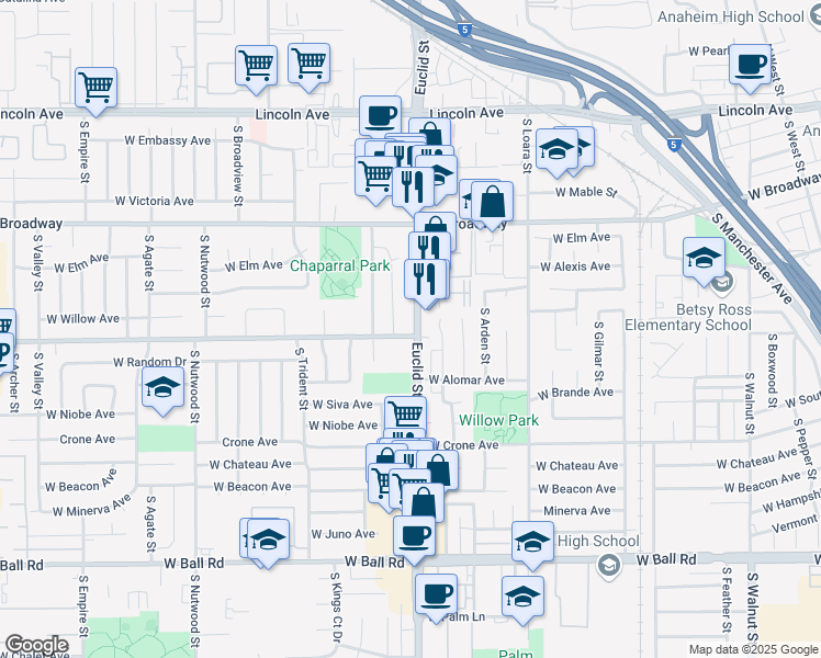 map of restaurants, bars, coffee shops, grocery stores, and more near 601 South Euclid Street in Anaheim