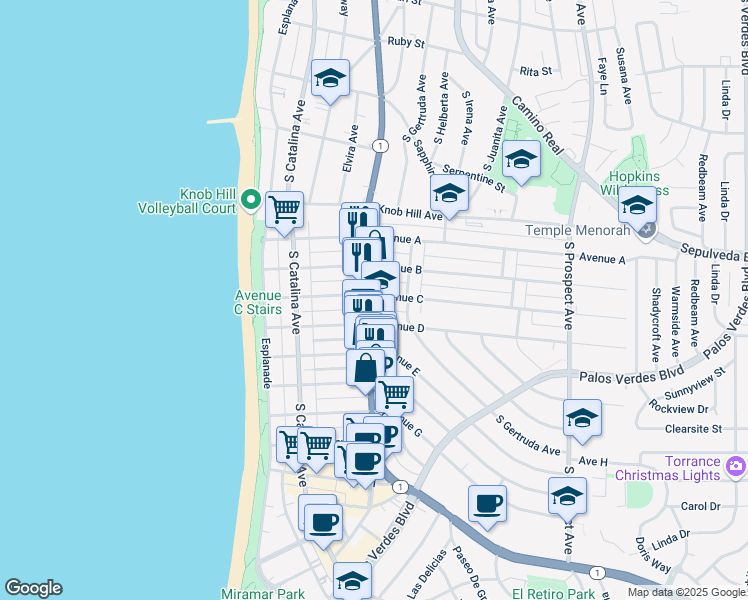 map of restaurants, bars, coffee shops, grocery stores, and more near 231 Avenue D in Redondo Beach