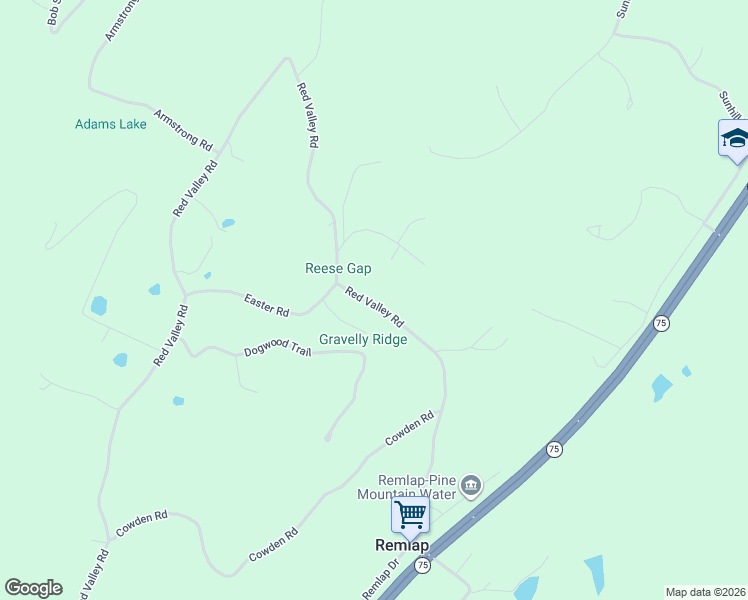 map of restaurants, bars, coffee shops, grocery stores, and more near 5280 Red Valley Road in Remlap