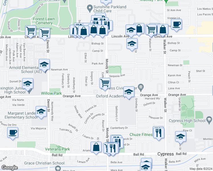 map of restaurants, bars, coffee shops, grocery stores, and more near 7560 Lemon Avenue in Cypress