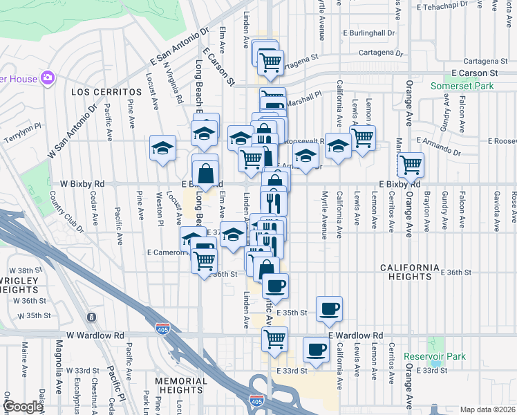 map of restaurants, bars, coffee shops, grocery stores, and more near 3737 Atlantic Avenue in Long Beach