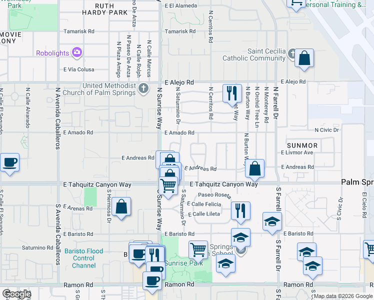 map of restaurants, bars, coffee shops, grocery stores, and more near 245 Northwest Cerritos Drive in Palm Springs
