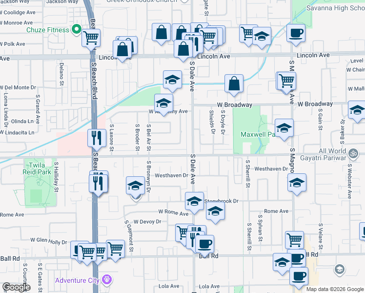map of restaurants, bars, coffee shops, grocery stores, and more near 2817 Orange Avenue in Anaheim