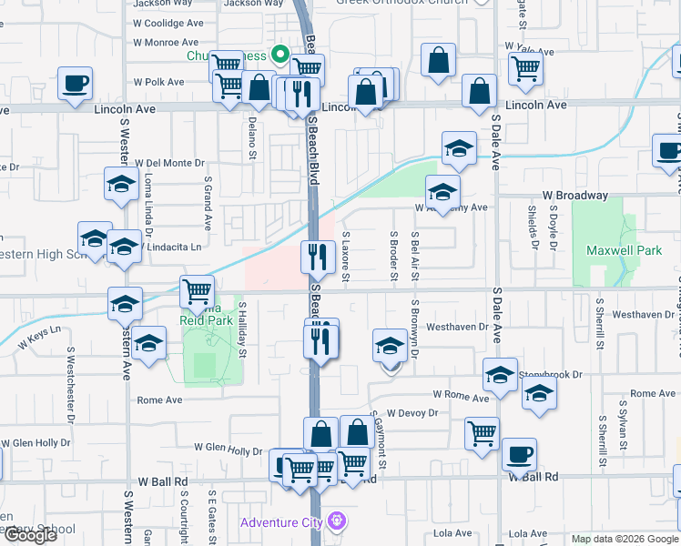 map of restaurants, bars, coffee shops, grocery stores, and more near 2957 West Orange Avenue in Anaheim