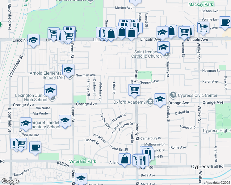 map of restaurants, bars, coffee shops, grocery stores, and more near 4841 Ashbury Avenue in Cypress