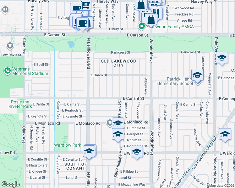 map of restaurants, bars, coffee shops, grocery stores, and more near 5712 East Conant Street in Long Beach