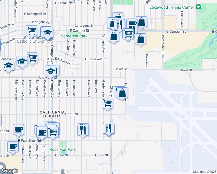 map of restaurants, bars, coffee shops, grocery stores, and more near 3722 Gardenia Avenue in Long Beach