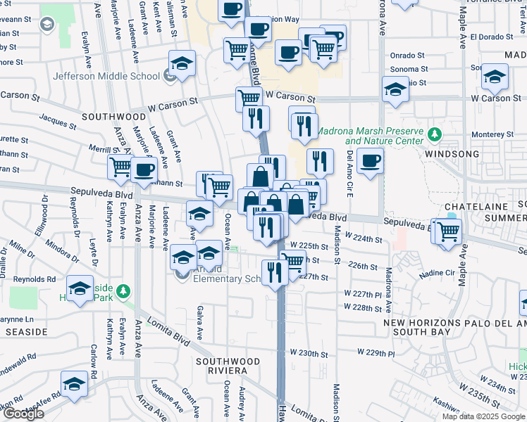 map of restaurants, bars, coffee shops, grocery stores, and more near 28323 Hawthorne Boulevard in Rancho Palos Verdes