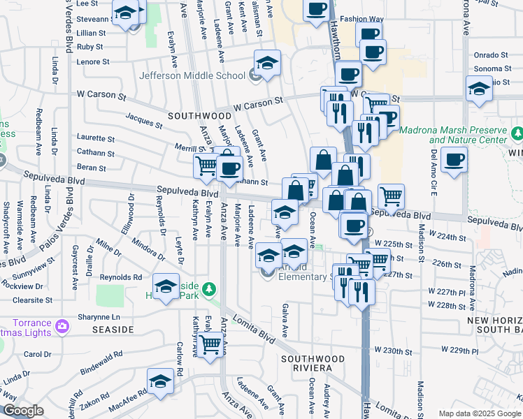 map of restaurants, bars, coffee shops, grocery stores, and more near 22406 Ladeene Avenue in Torrance