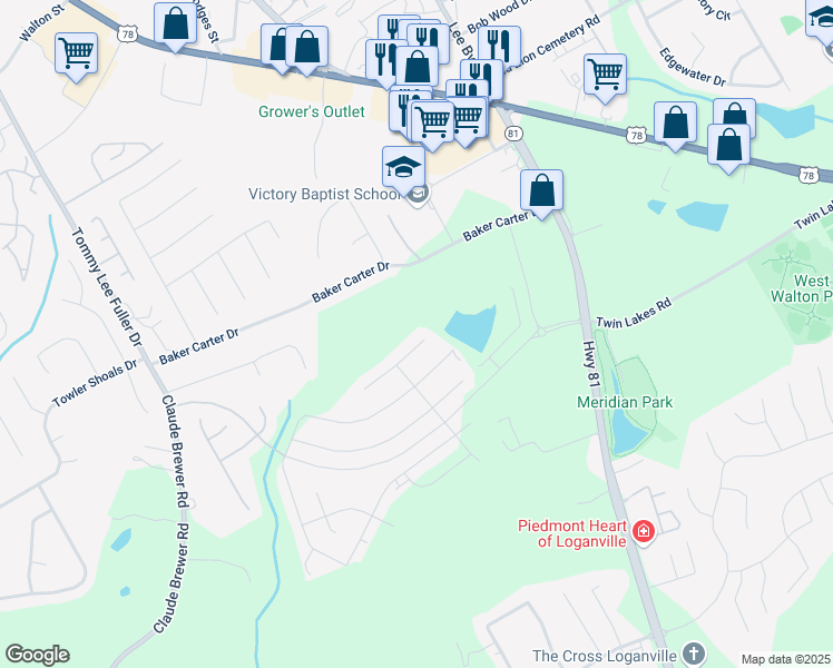map of restaurants, bars, coffee shops, grocery stores, and more near 403 Sonja Lane in Loganville