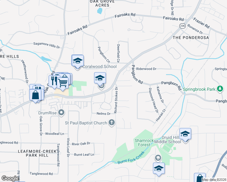 map of restaurants, bars, coffee shops, grocery stores, and more near 1506 Oakridge Court in Decatur