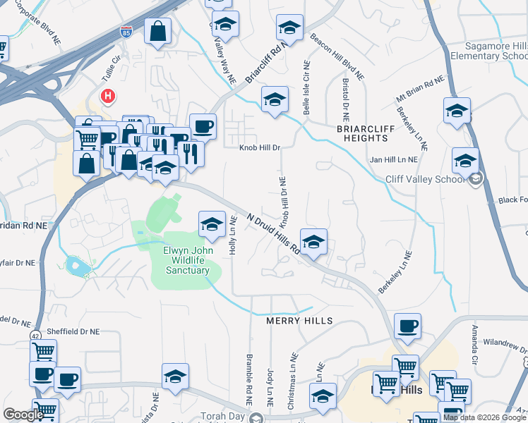 map of restaurants, bars, coffee shops, grocery stores, and more near 1661 Emory Place Drive Northeast in Atlanta