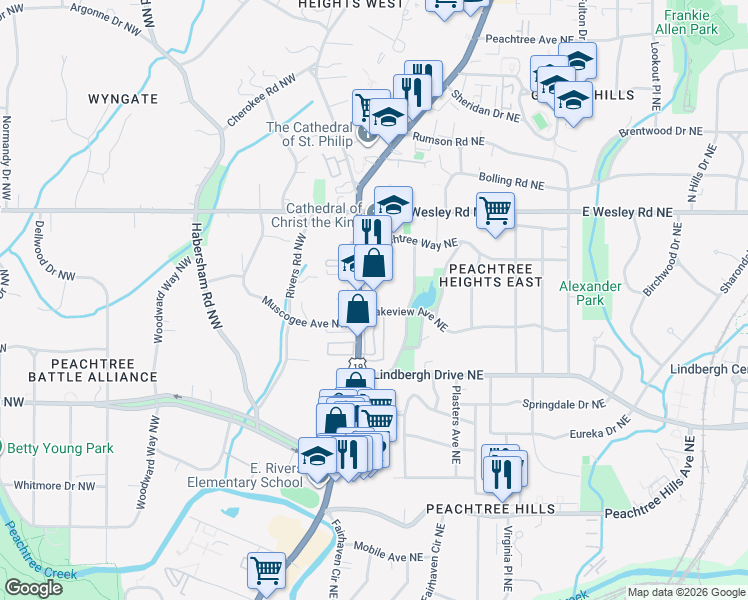 map of restaurants, bars, coffee shops, grocery stores, and more near 2525 Peachtree Road in Atlanta
