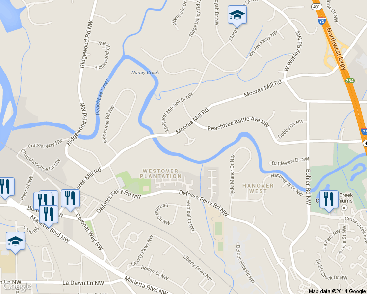 map of restaurants, bars, coffee shops, grocery stores, and more near 2535 Westminster Heath Northwest in Atlanta