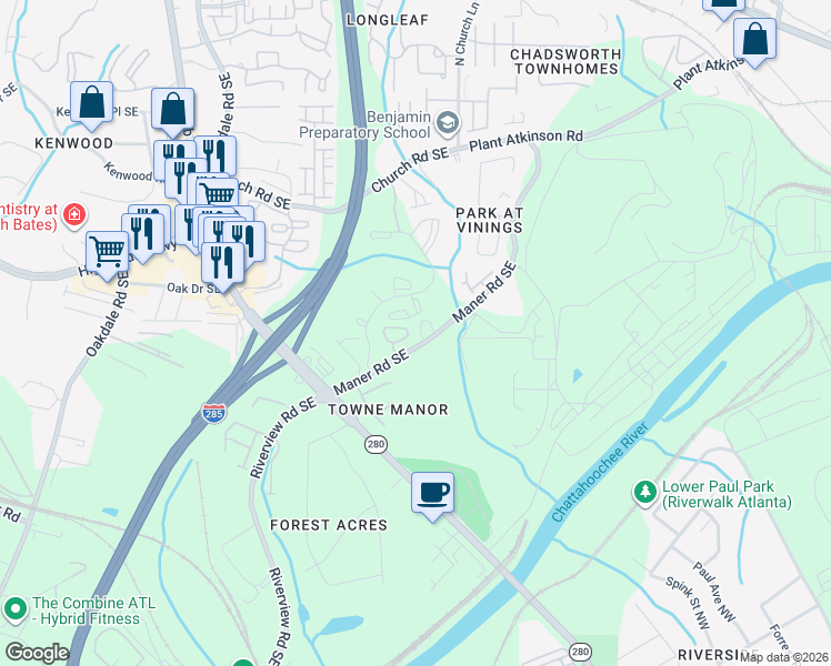map of restaurants, bars, coffee shops, grocery stores, and more near 2447 Palladian Manor Way Southeast in Atlanta