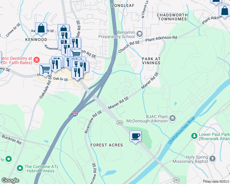 map of restaurants, bars, coffee shops, grocery stores, and more near 2329 Marion Walk Drive Southeast in Atlanta