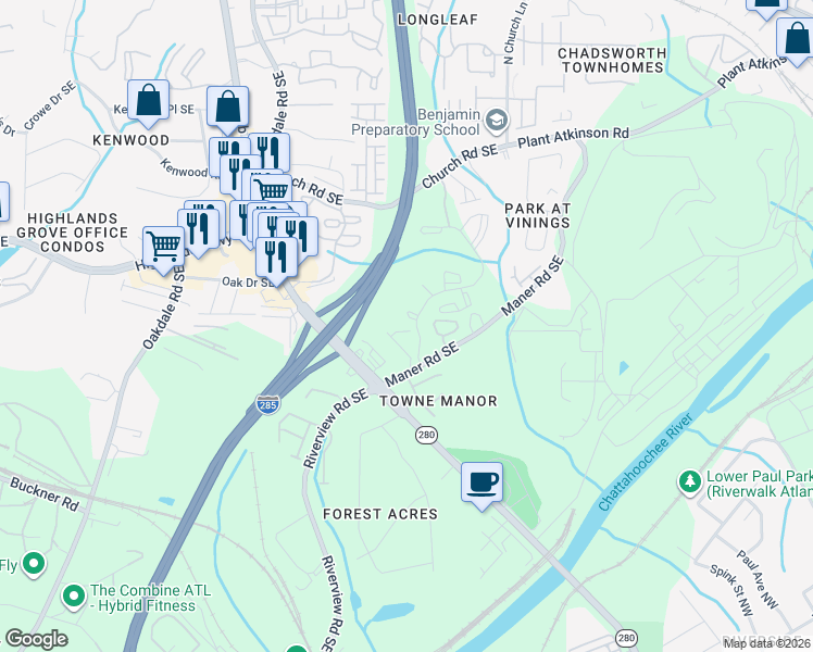 map of restaurants, bars, coffee shops, grocery stores, and more near 2325 Marion Walk Drive Southeast in Atlanta