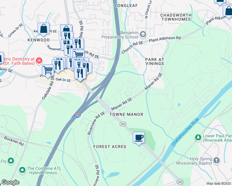 map of restaurants, bars, coffee shops, grocery stores, and more near 5285 Kershaw Court Southeast in Atlanta