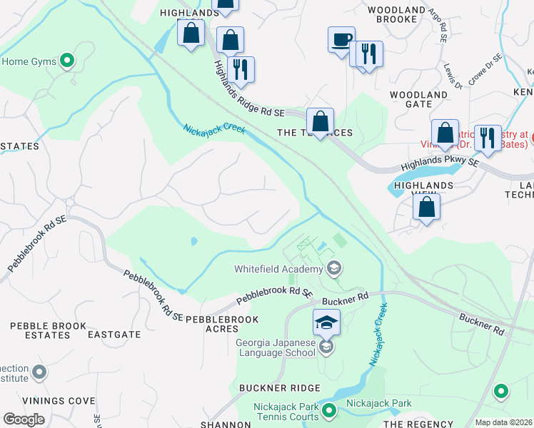 map of restaurants, bars, coffee shops, grocery stores, and more near 1326 Glen Cedars Drive in Mableton