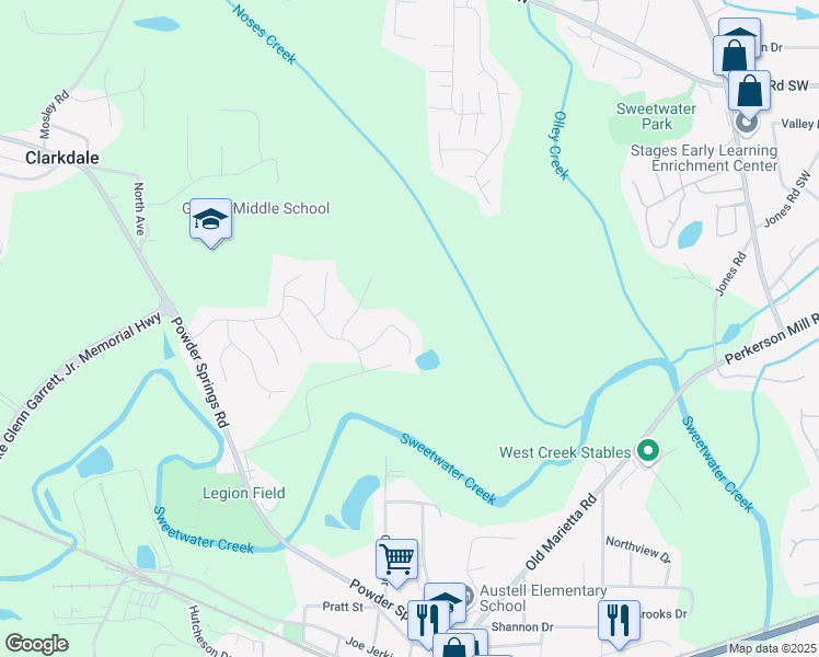 map of restaurants, bars, coffee shops, grocery stores, and more near 5010 Ethans Cove Drive in Austell