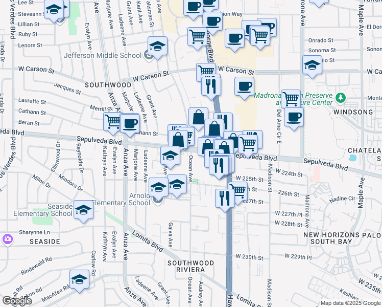 map of restaurants, bars, coffee shops, grocery stores, and more near 22333 Ocean Avenue in Torrance