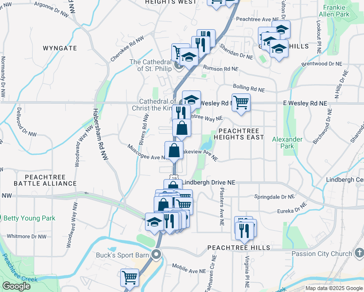 map of restaurants, bars, coffee shops, grocery stores, and more near 2525 Peachtree Road in Atlanta